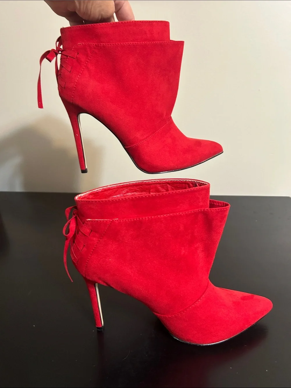 Shoe Dazzle Red Faux Suede Pointed-Toe Stiletto Slip-on Ankle Boots Size 8